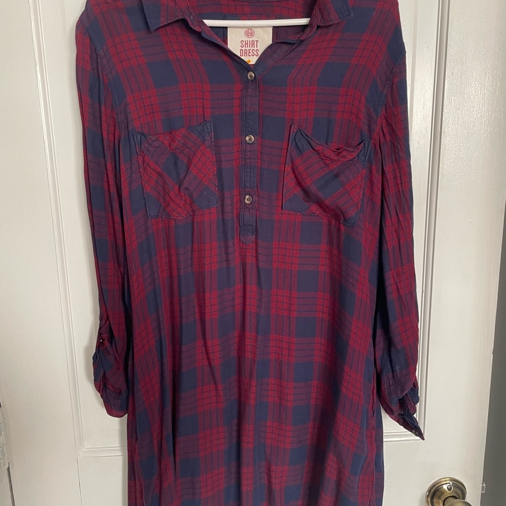 SO Plaid Shirt Dress in Burgundy and Navy